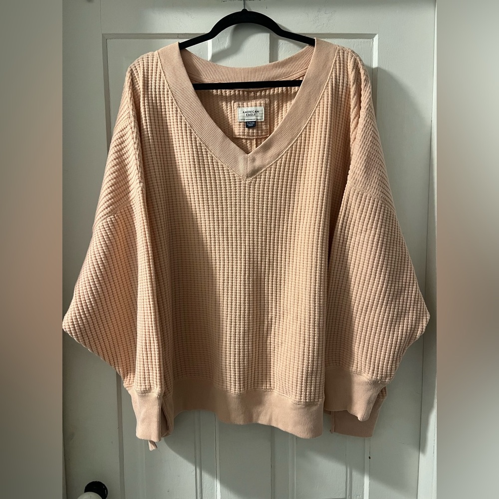 American Eagle Outfitters Soft Pink Waffle Knit V-Neck Sweatshirt